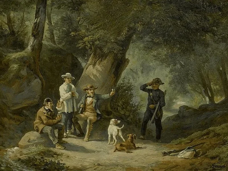 1828-Adolphe Gandon - Gruppo di cacciatori e un soldato che li saluta